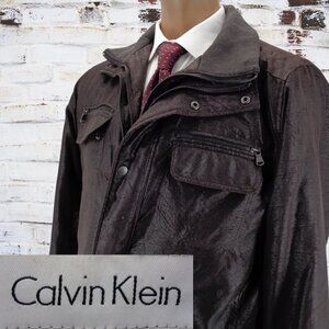 Calvin Klein jacket men Medium Brown Distorted Faux Leather double zipper